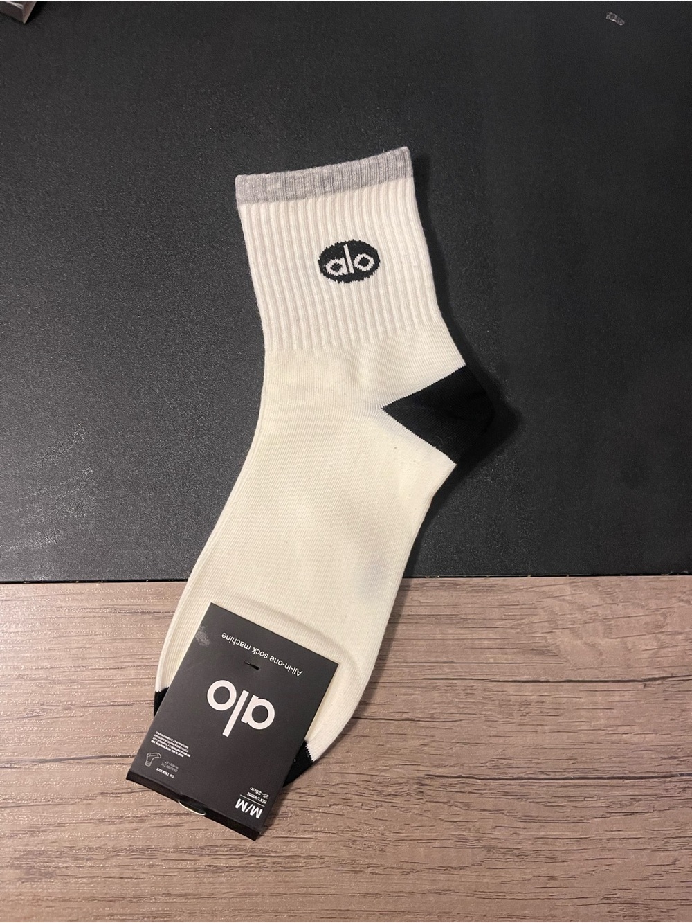 ALO Yoga White Crew Socks with Black Heel and Gray Cuff